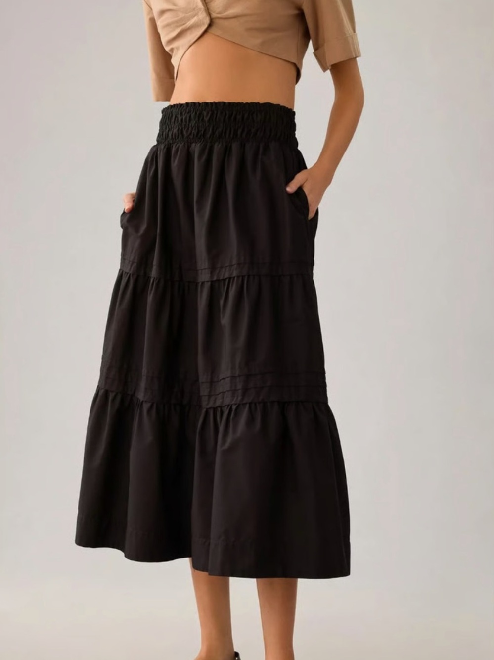 Anthropologie Somerset Black Tiered Midi/Maxi Skirt - 100% Cotton w Pockets